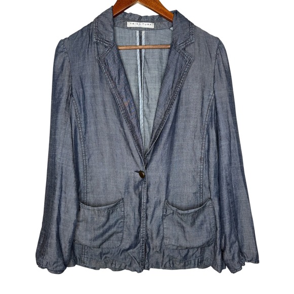TRINA TURK Dark Wash Striped Lining Long Sleeve Chambray Blazer Jacket Sz S - Picture 1 of 10